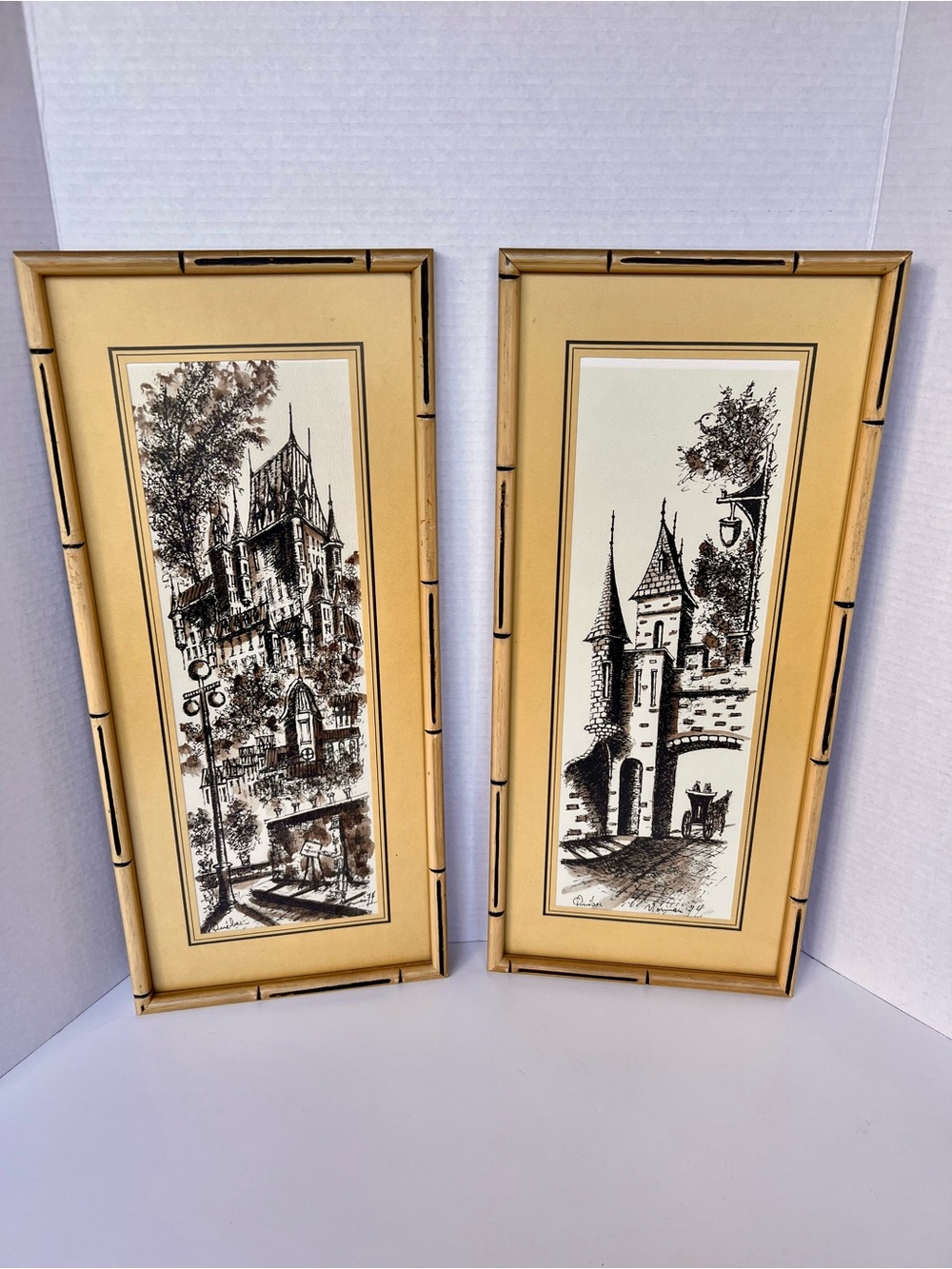 Vintage 1974 Quebec City Original Pen & Ink Drawings Pair – Faux Bamboo Frame